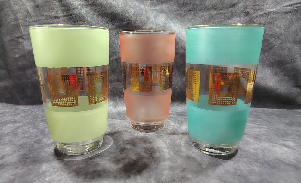 3 MCM Tumbler Glasses Frosted Colors And Gold Square Rare